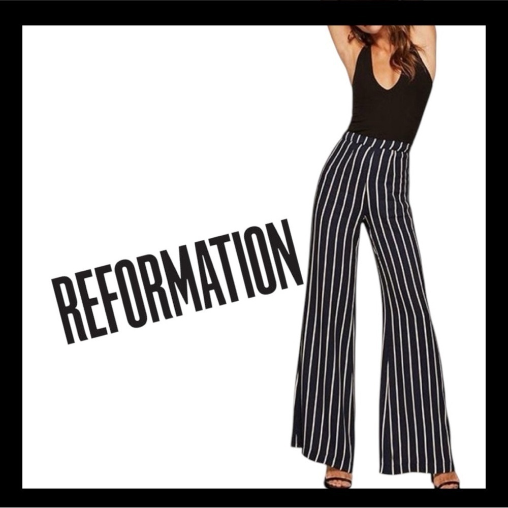 Reformation Black and White Striped Wide Leg Pants
